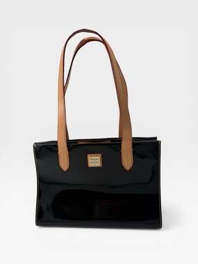 Dooney & Bourke Black Glossy Patent Leather Tote with Tan Leather Straps